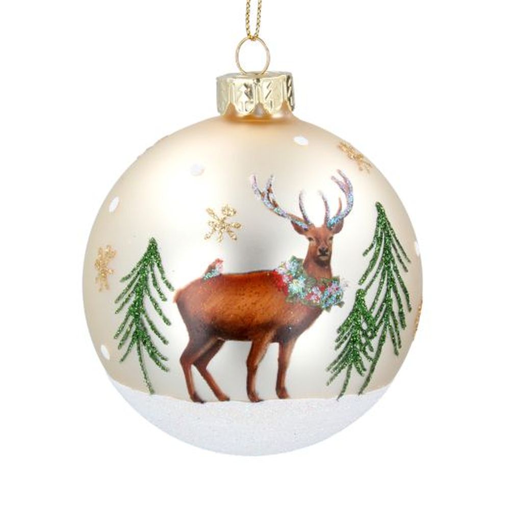 Matt Cream Glass Ball w Stag/Trees