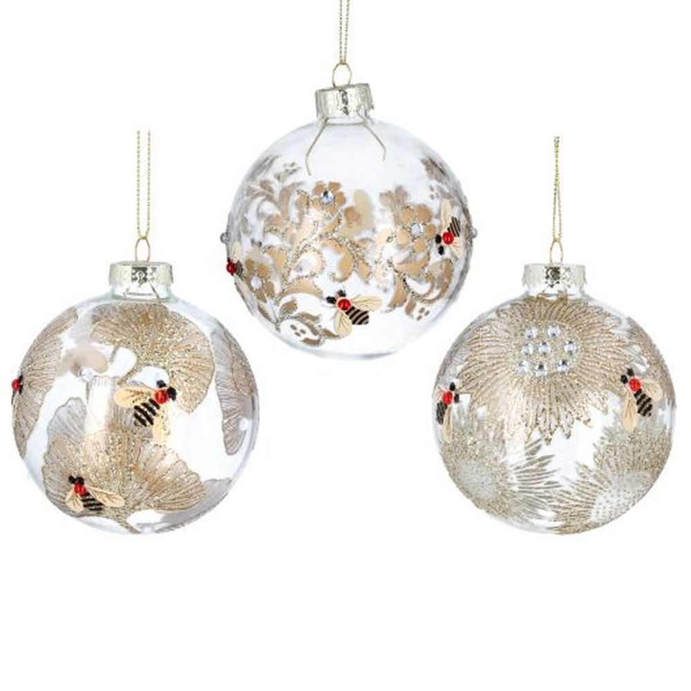 Clear Glass Ball w Gold Leaves/Bee