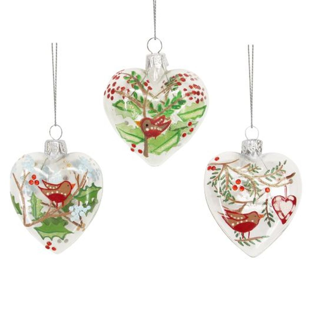 Clear Heart With Flowers/Robin 6cm