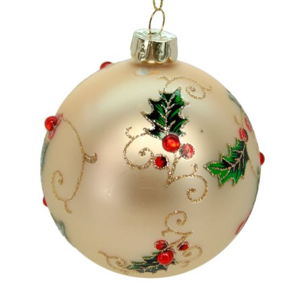 Matt Gold Glass Ball w Diamante Holly - 80mm