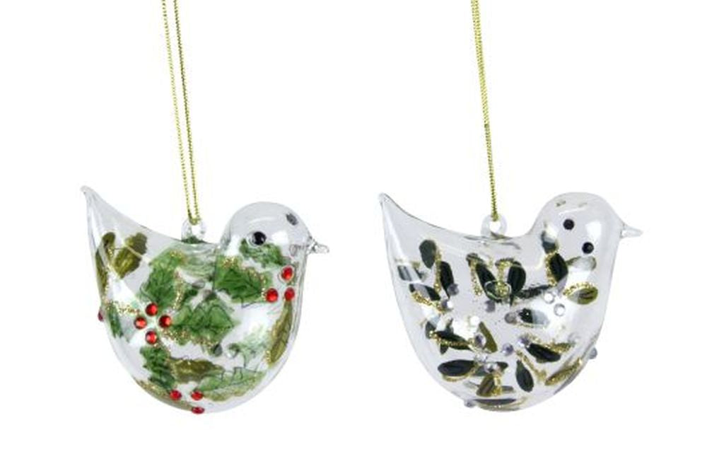 Clear Glass Bird With Holly/Mistletoe 5cm