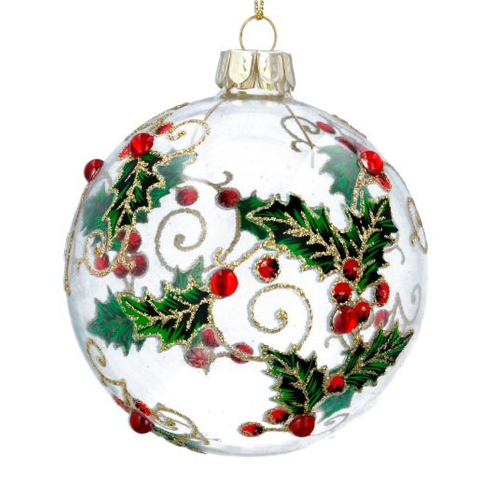 Clear Glass Ball w Diamante/Painted Holly