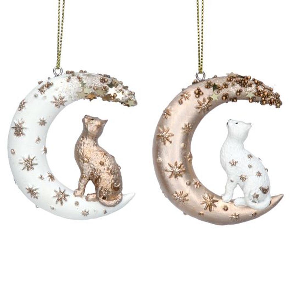 Cream/Gold Resin Cat on Moon Dec