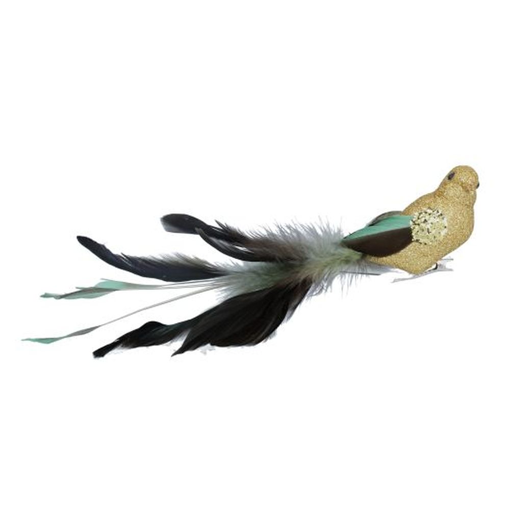 Gold Glitter/Green Feather Bird Clip
