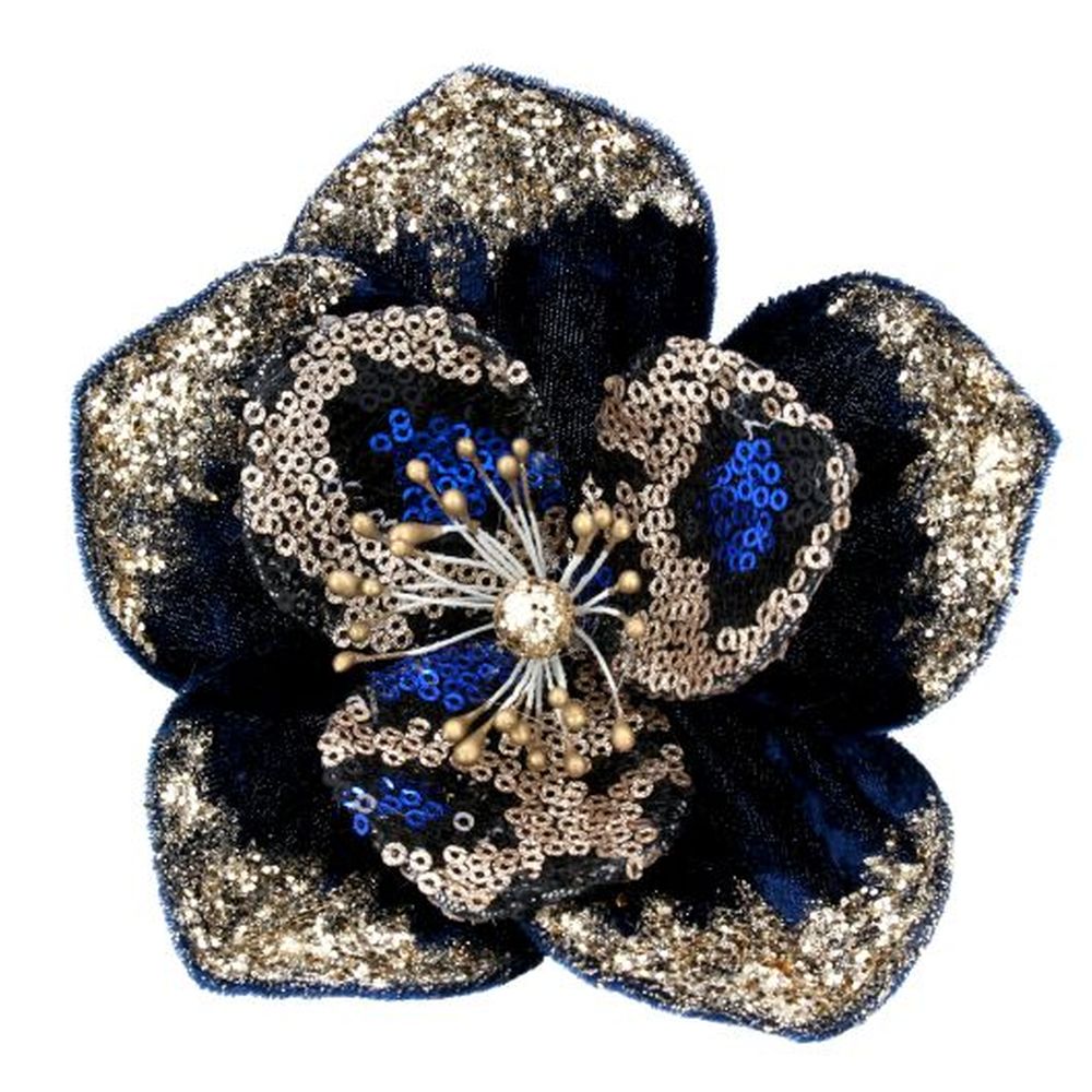 Blue/Gold Sequin/Fabric Magnolia Clip