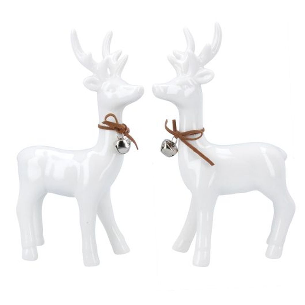 White Ceramic Deer w Bell Orn