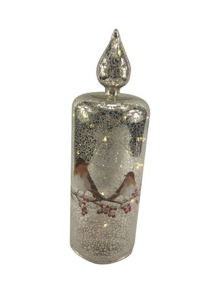 26cm bo lit silver glass candle with robins