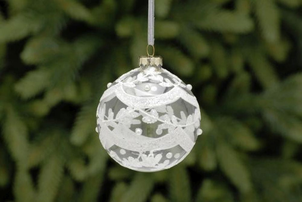 8cm clear with white bead leaf glass ball