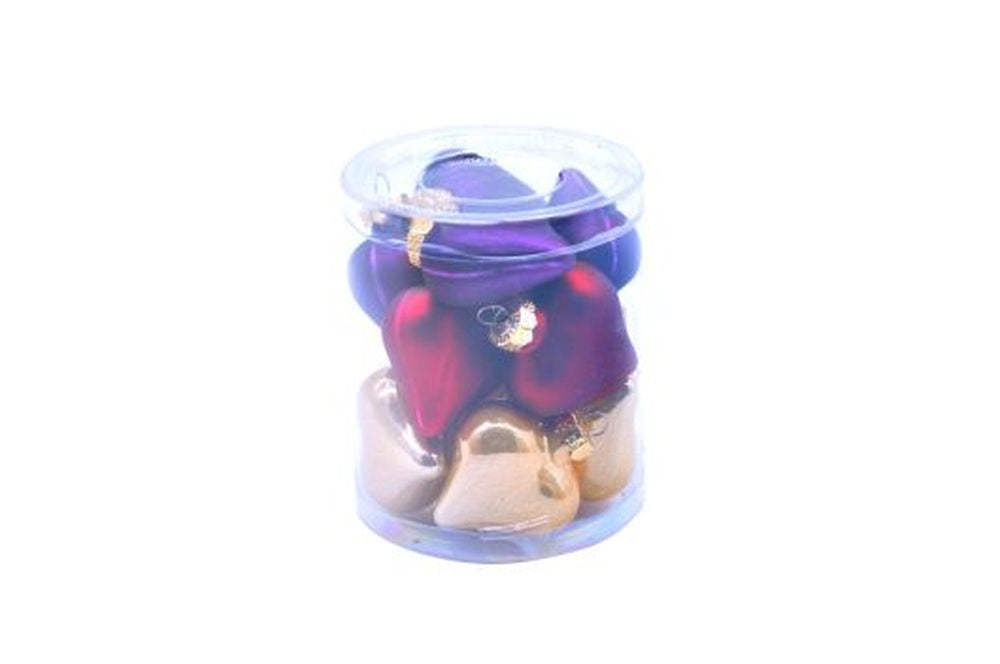 12pcs x 3.5cm gold/red/purple glass heart in tub