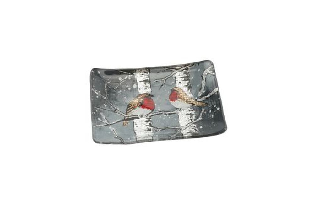 Winter Robin Glass Small Rectangular Dish
