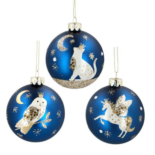 Matt Blue Glass Ball w Cat/Owl/Unicorn