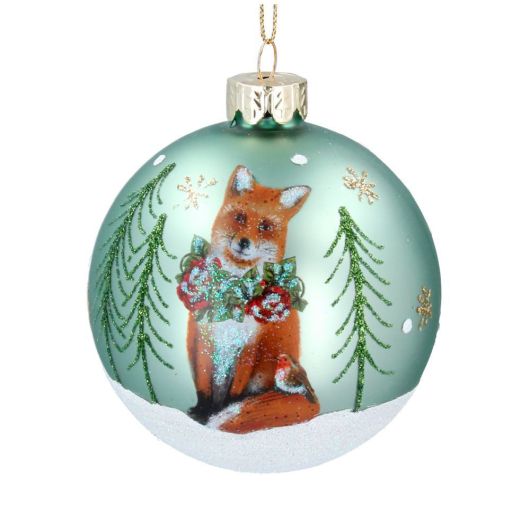 Matt Green Glass Ball w Fox/Trees