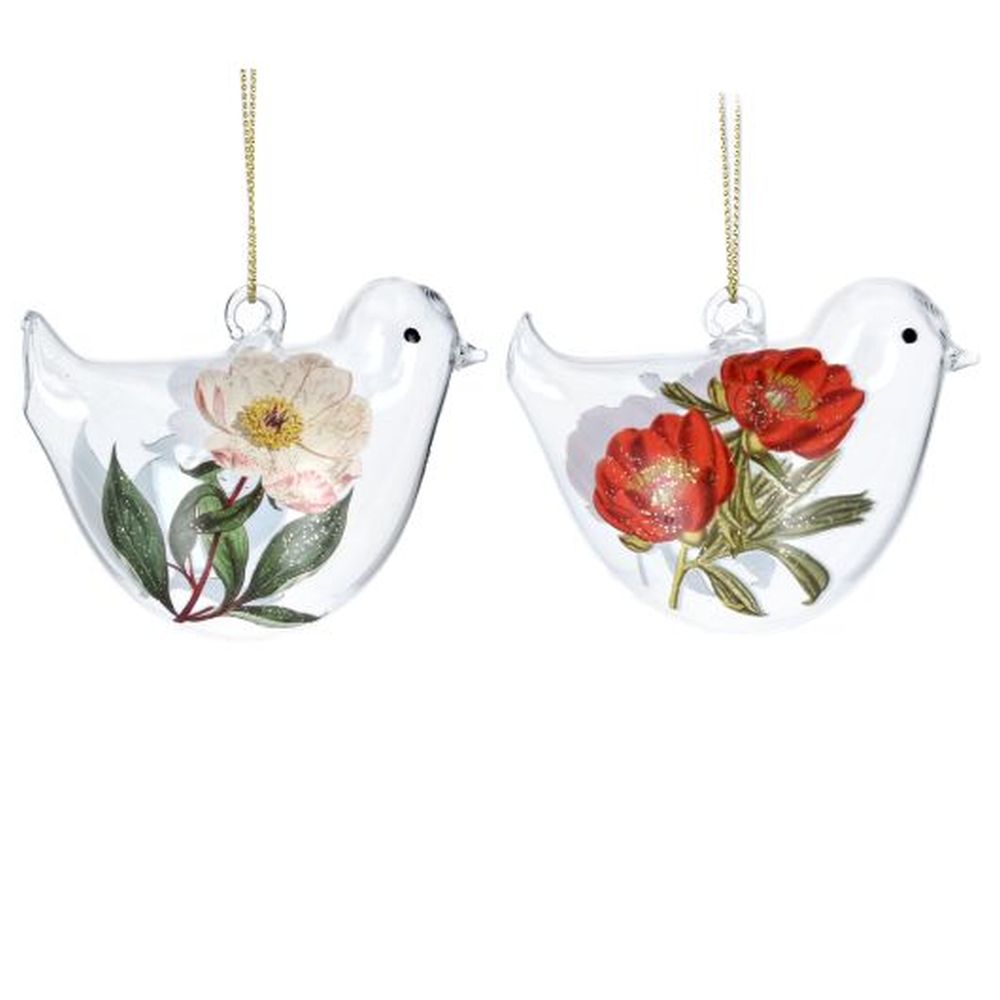 Clear Glass Bird with Painted Flowers