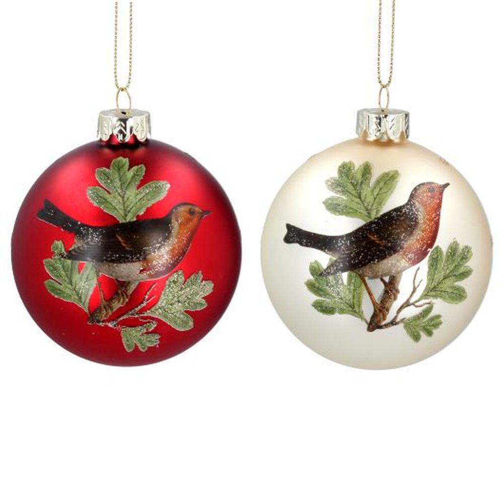 Matt Red/Cream Glass Ball w Robin Dec