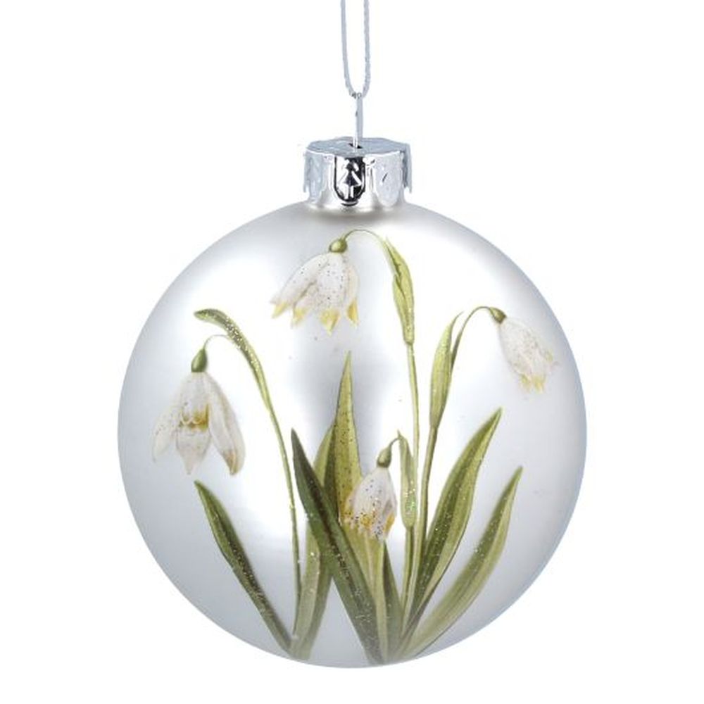 Matt White Glass Ball w Painted Snowdrops