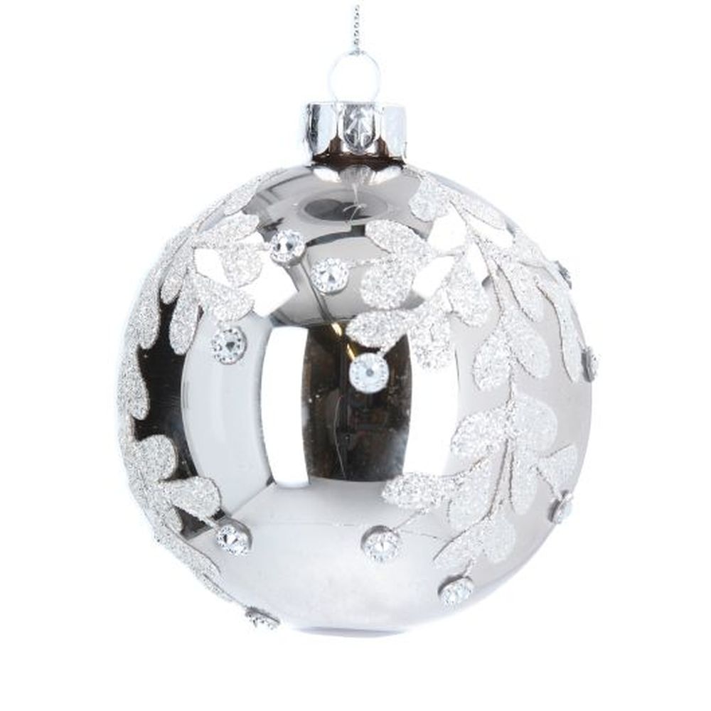 Silver Glass Ball w Diamante Leaf Drop
