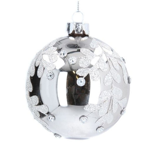 Silver Glass Ball w Diamante Leaf Drop