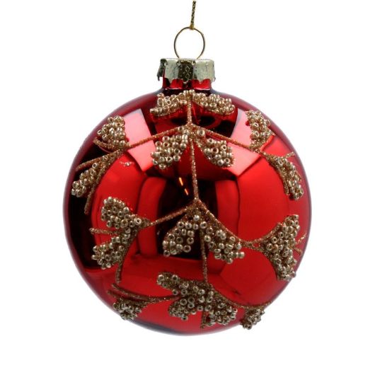Shiny Red Glass Ball w Gold Bead Clusters