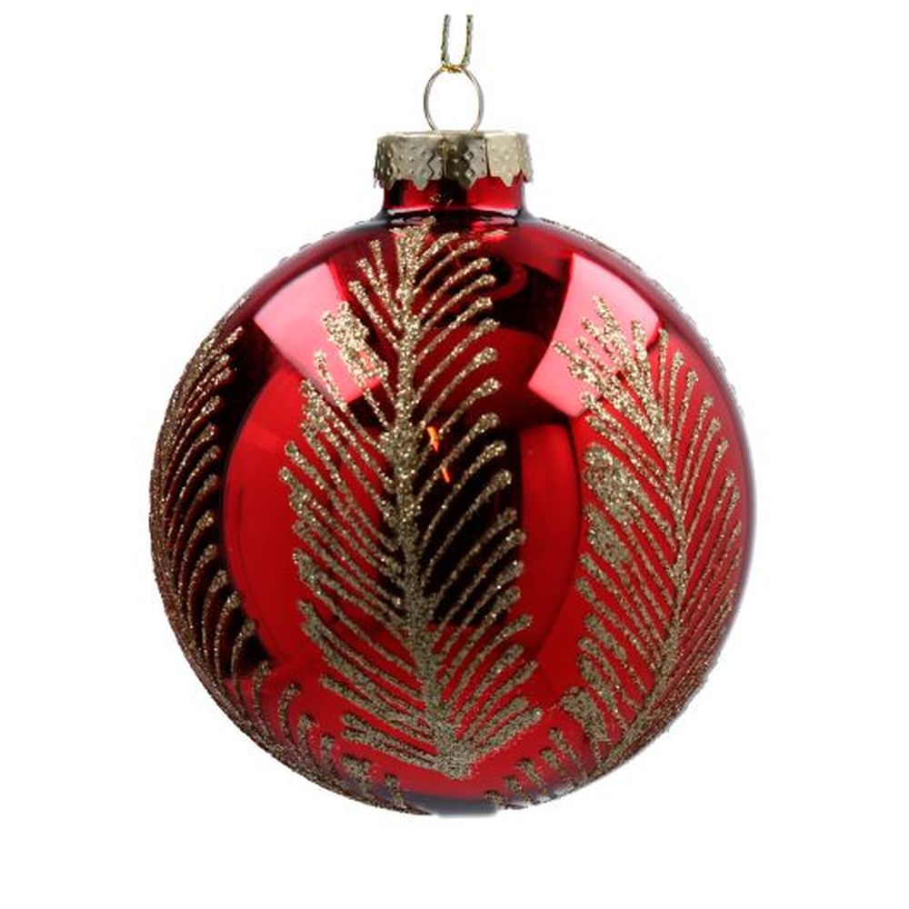 Shiny Red Glass Ball w Gold Fine Palm Leaves