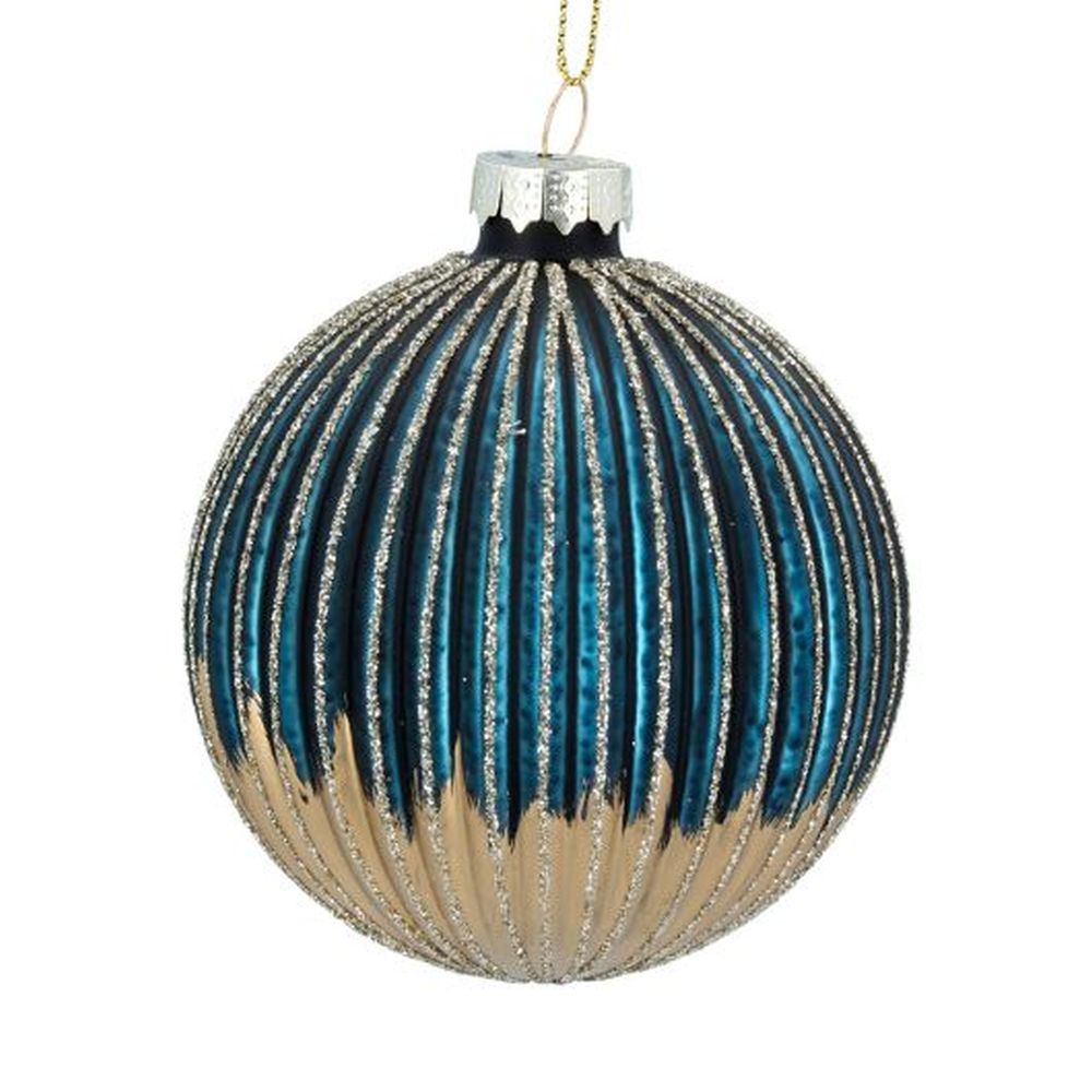 Blue Gold Ribbed Glass Ball, 80mm