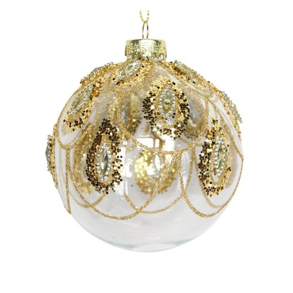 Clear Gold Glass Ball w Gold Glitter Swags