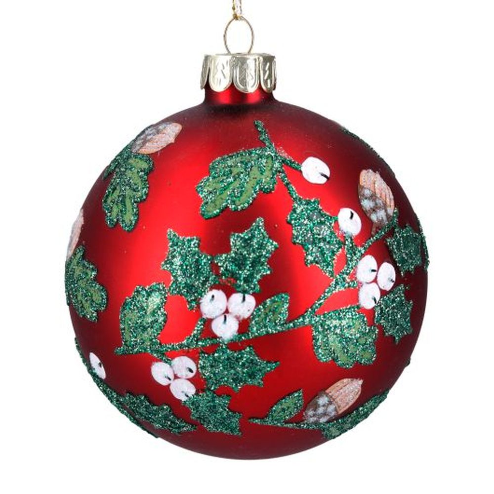 Matt Red Glass Ball w Leaves/White Berries
