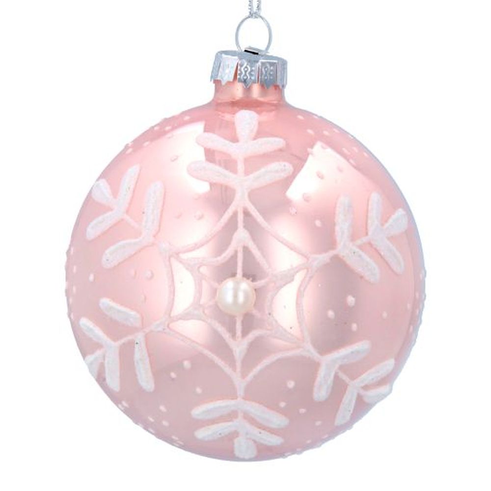 Matt Pink Glass Ball w Irid/Pearl Snowflake