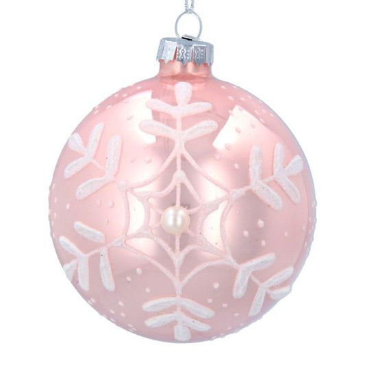 Matt Pink Glass Ball w Irid/Pearl Snowflake