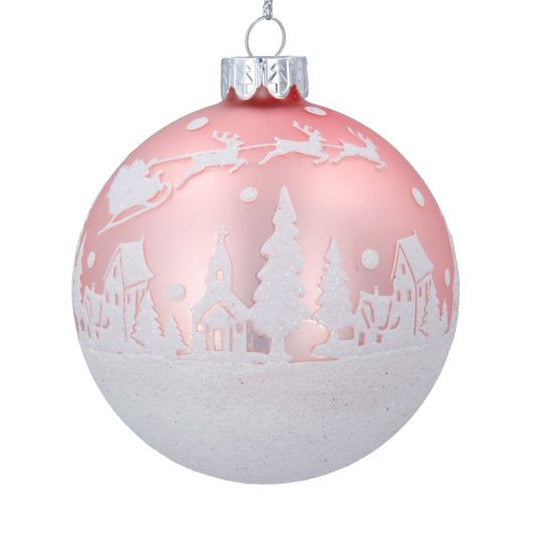 Matt Pink Glass Ball w Irid Glitter Snowscene