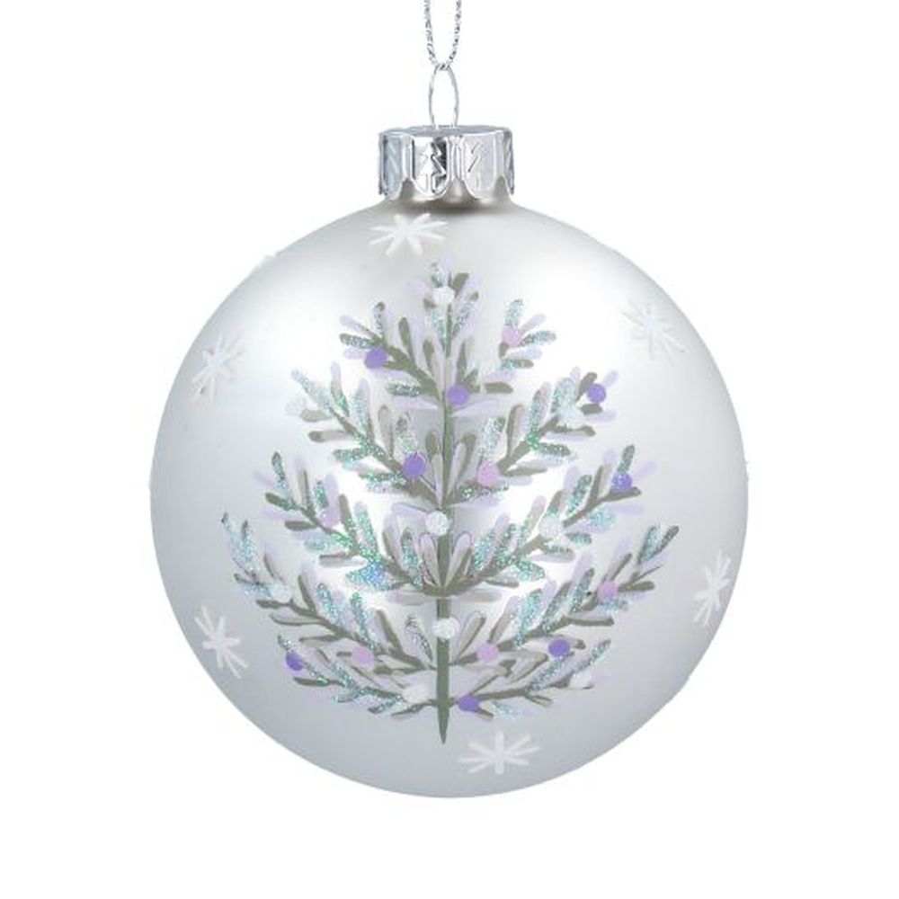 Matt White Glass Ball w Silver Tree
