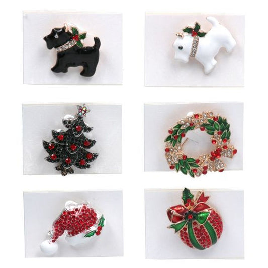 Metal/Diamante Christmas Brooch, 6as