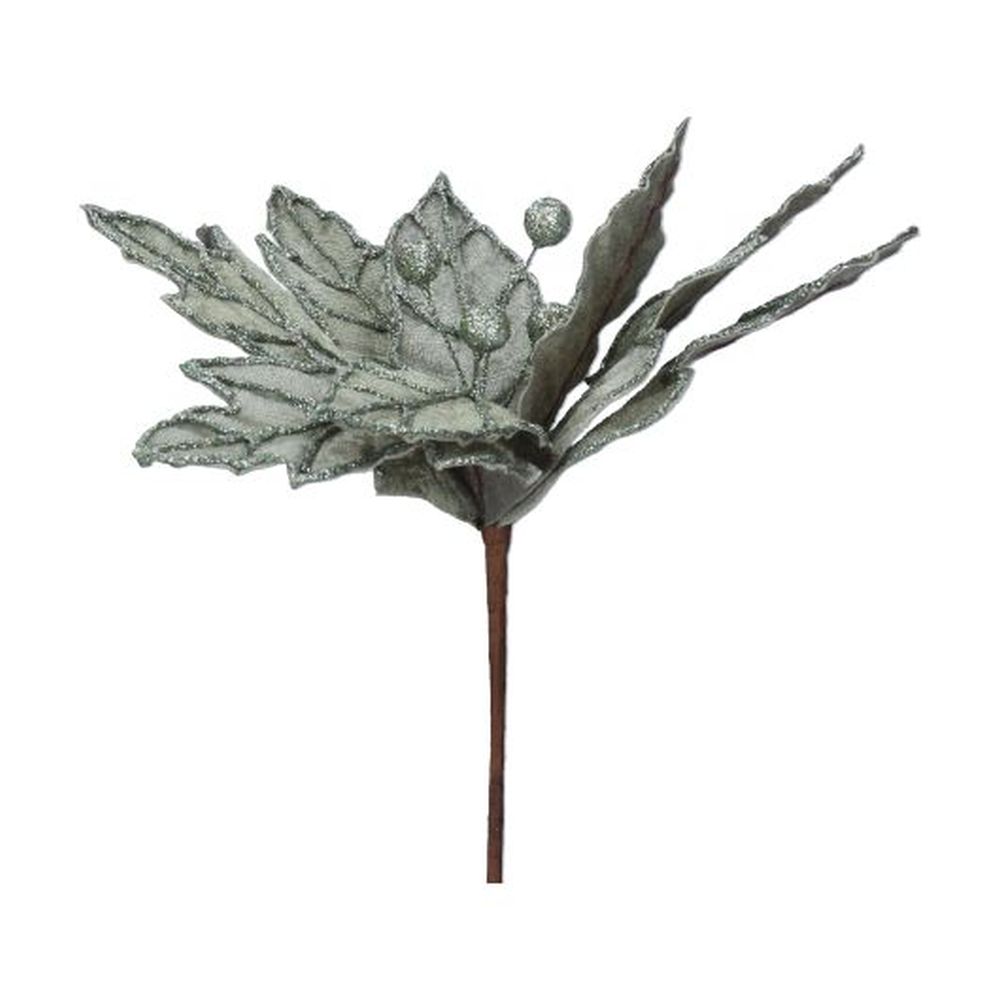 Pale Green Fabric/Glitter Poinsetta Pick