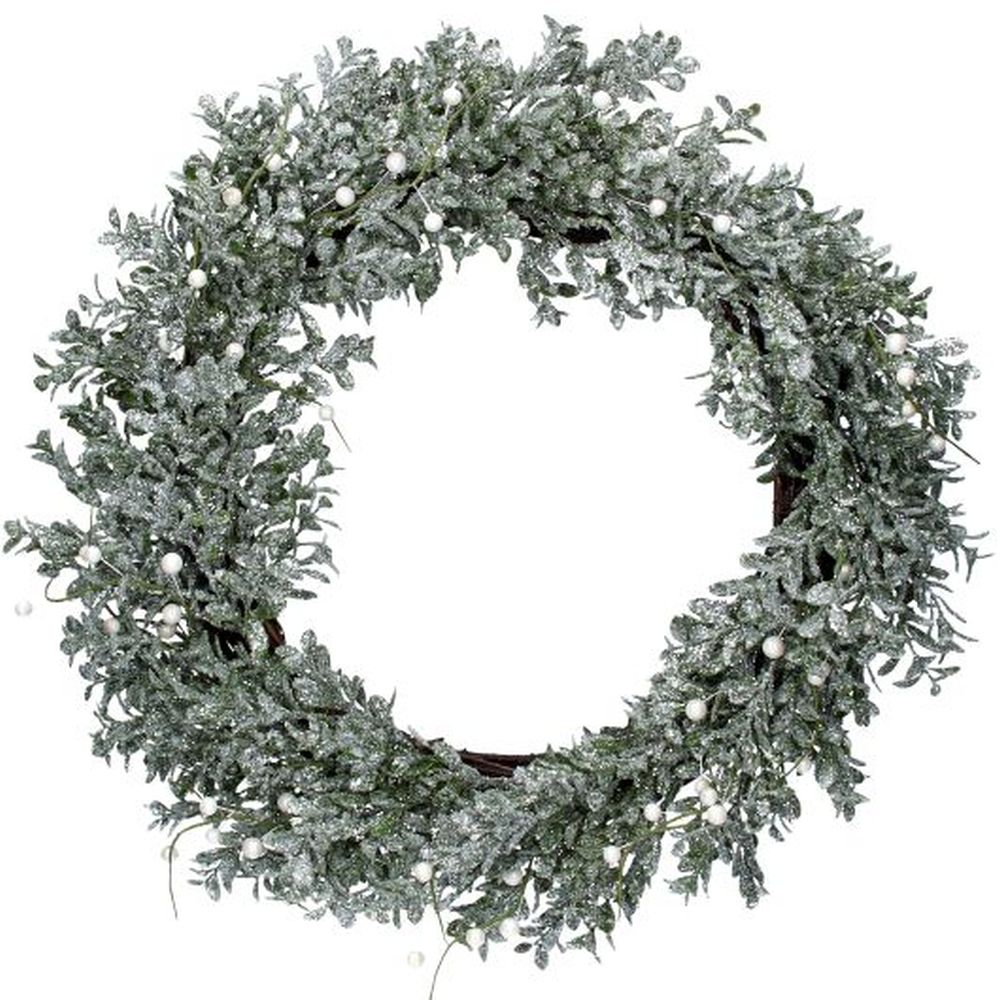Silver Glitter Leaf Wreath w Pearl Berries