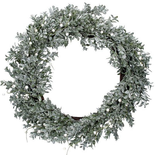 Silver Glitter Leaf Wreath w Pearl Berries