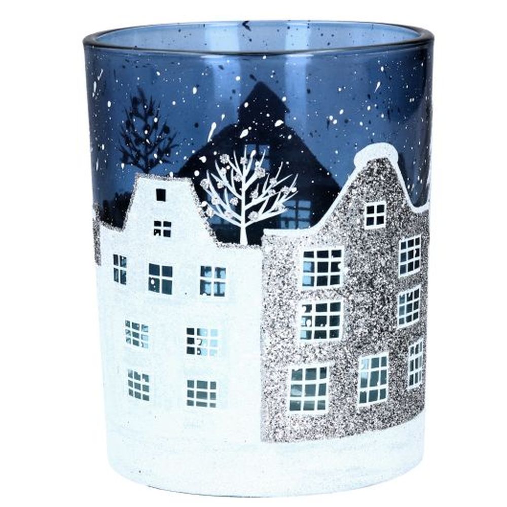 Blue/White Glass Street Scene T-Lite Pot, Lge