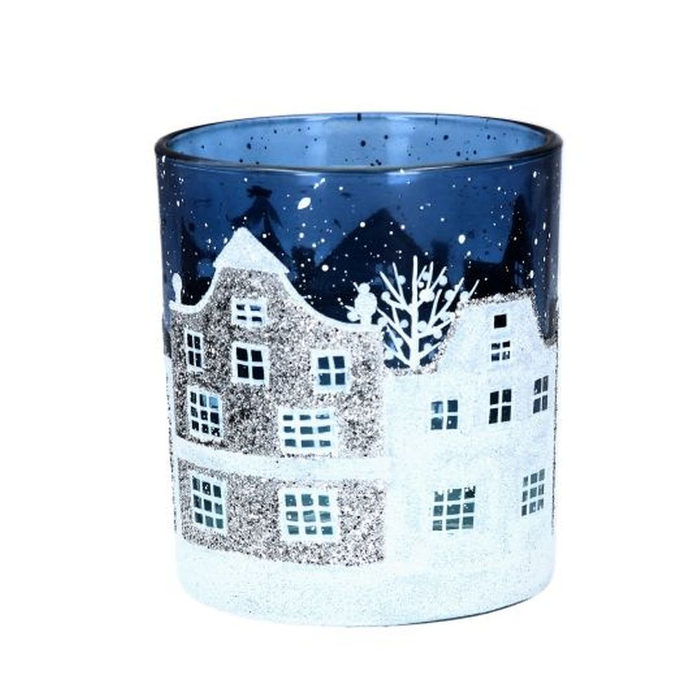 Blue/White Glass Street Scene T-Lite Pot, Sml