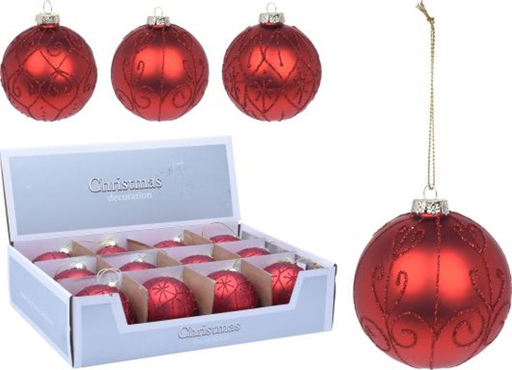 XMAS BALL 80MM RED WITH RED GLITTER
