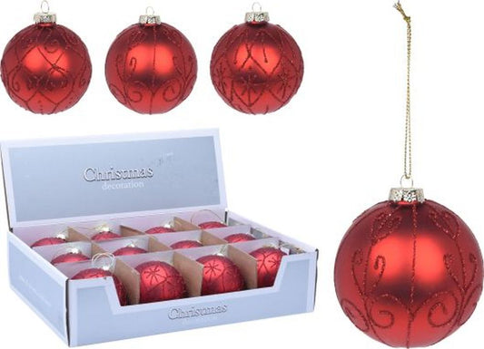 XMAS BALL 80MM RED WITH RED GLITTER