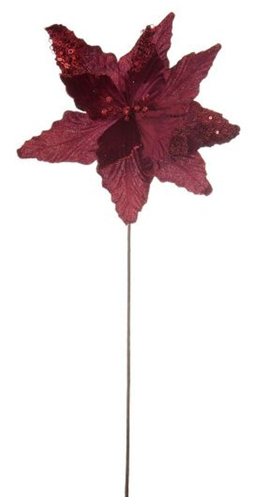 60cm burgundy poinsettia stem with glitter