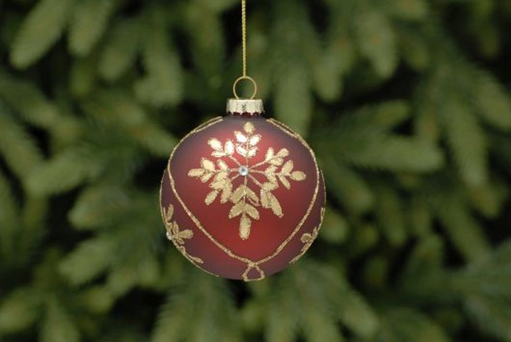 8cm red with gold glitter leaf glass ball