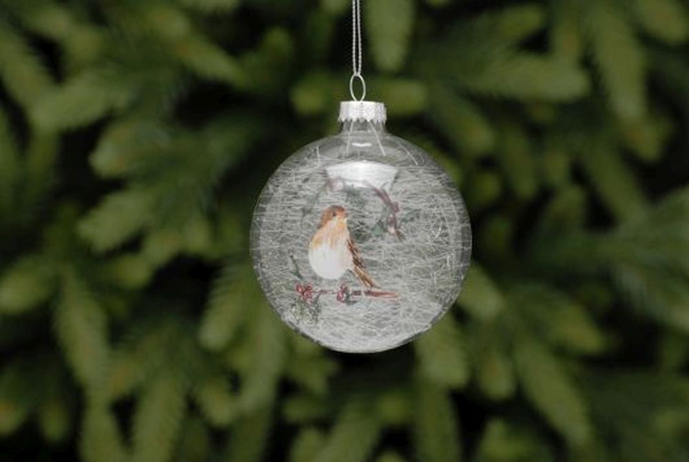 8cm clear with robin and holly glass ball