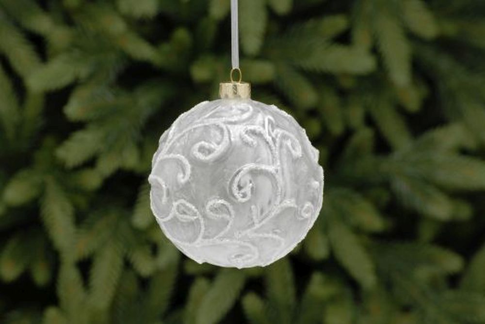 10cm frosted white with embossed swirl glass ball