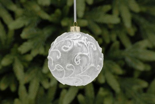 10cm frosted white with embossed swirl glass ball