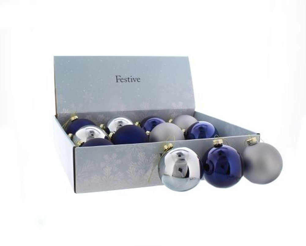 8cm 2 asstd blue / silver glass balls