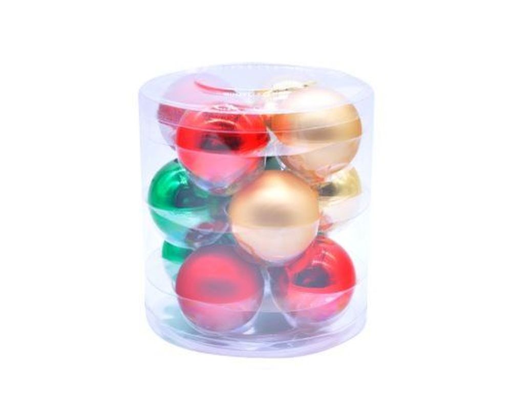 12pcs x 5cm gold/red/green glass balls in tub